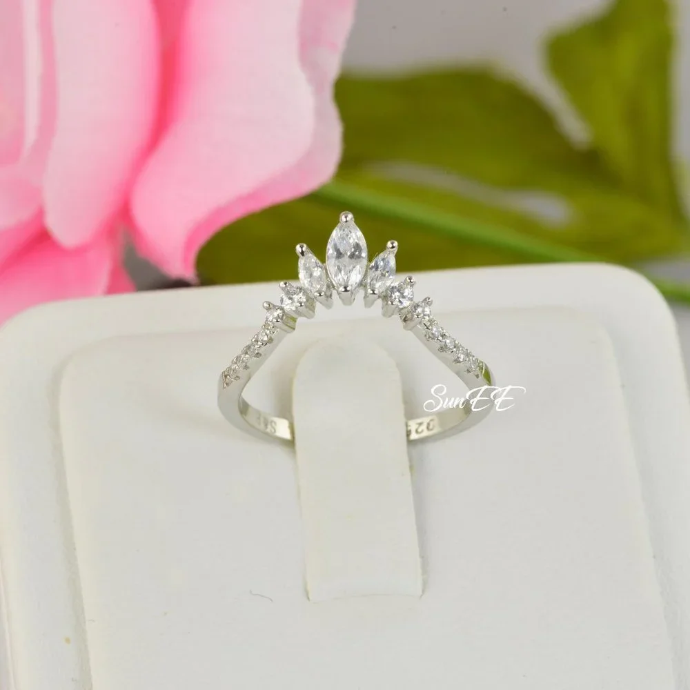 Round Marquis Diamond Enhancer Guard Ring 14K White Gold Crown Wedding Band